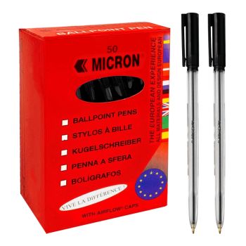 MICRON Ballpoint Pens Medium Black (Box 50)